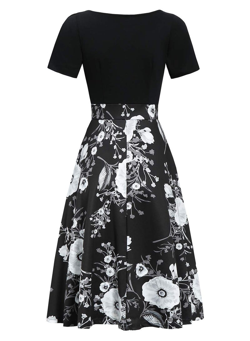 HELYO 1950s Dress for Womens Retro Elegant Vintage Casual Party Pockets Special Occasion Teen Girl Cocktail Rockabilly Work Dress 978 (Black Floral M) - Image 3